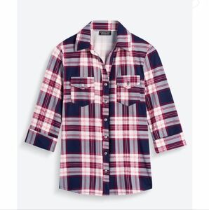 Red Navy Blue and White Plaid Button Down Knit Shirt, S